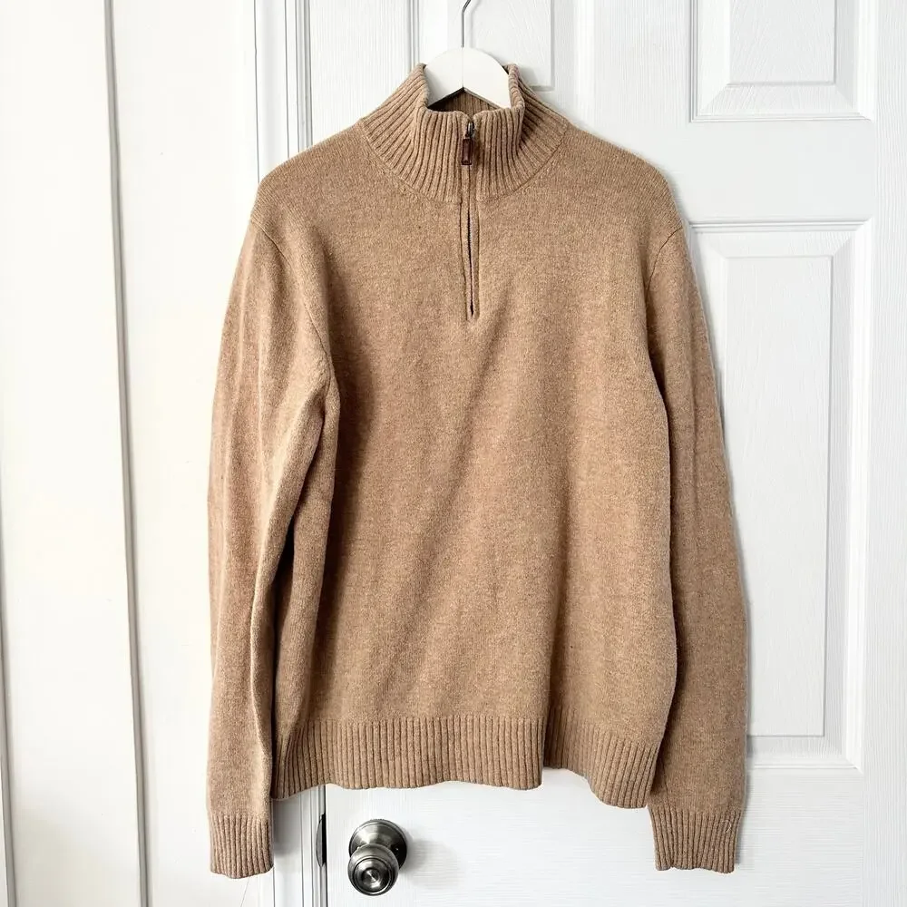 J Crew Lambswool Men Beige Tan Quarter Zip Pullover Sweater XLT Tall Preppy